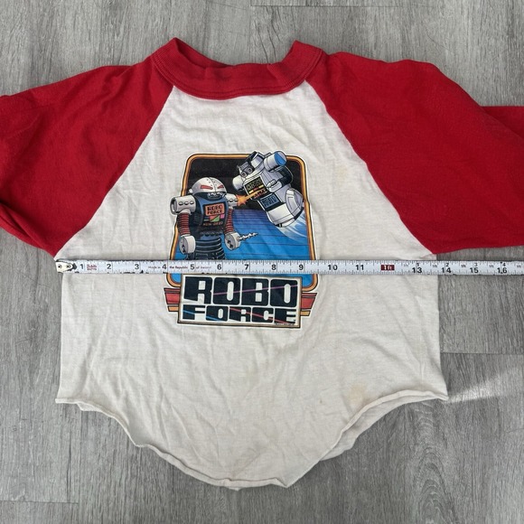 VINTAGE 1984 Robo Force 3/4 Sleeve Baseball Tee Shirt Size 7 White Red Kids - Picture 7 of 8